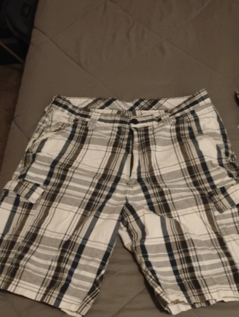 Men's Plaid Cargo Shorts - White, Gray & Navy